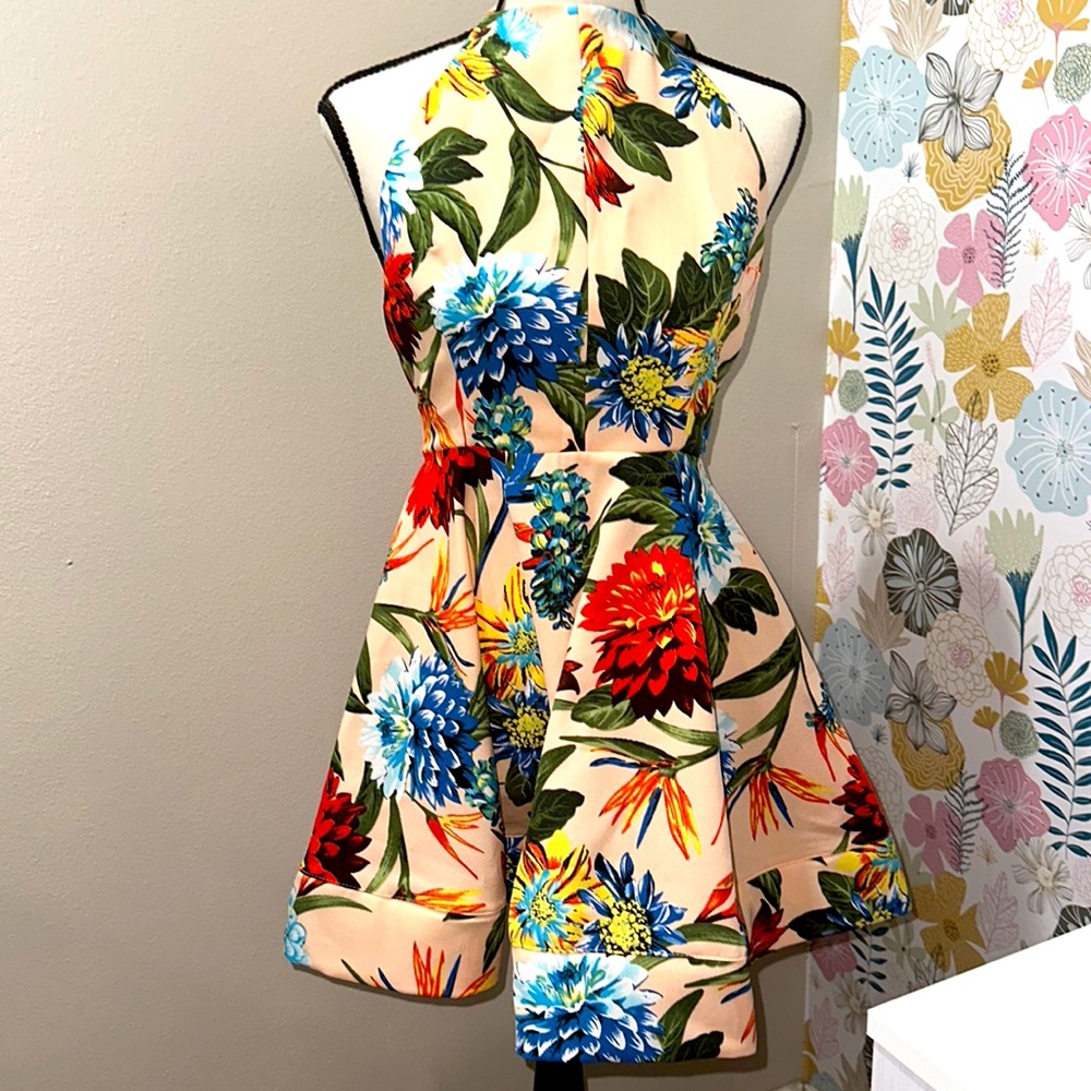 In The Beginning Gorgeous floral fit and flare with open back halter tie dress